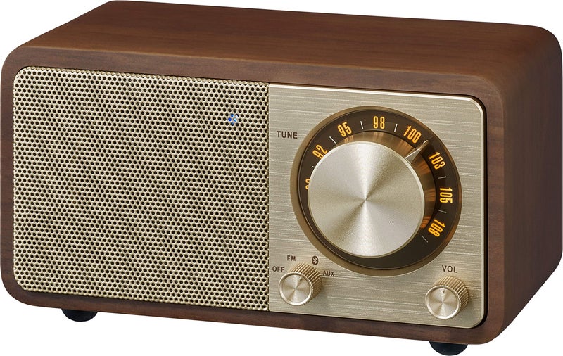 SANGEAN سماعة بلوتوث ميني Sangean WR-7GW مع خزانة خشبية ومشغل FM ومدخل Aux - إصدار خاص باللون الذهبي/الجوز - Image 4